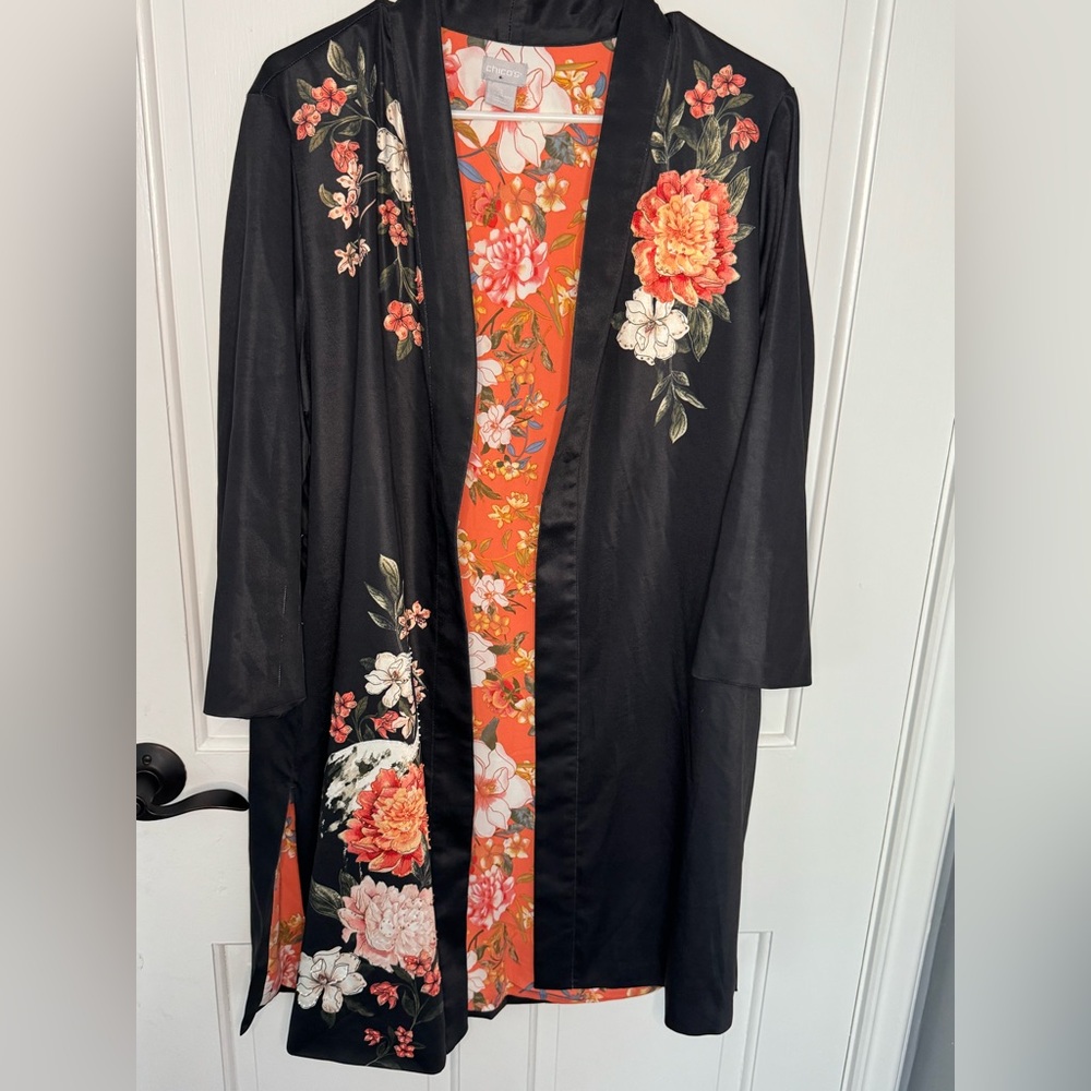 Chico's Black Floral Kimono with Orange Dress